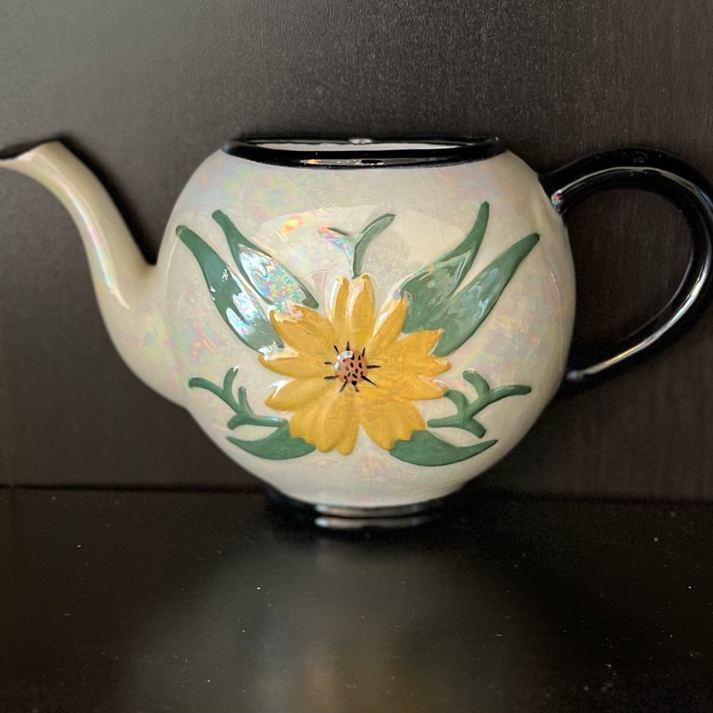 Ceramic Wall Pocket Tea Pot Shape Kitchen Yellow Marigold Daisy Pearl Finish